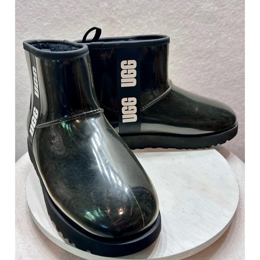 UGG Classic Clear Mini Black Waterproof Faux Shearling Boots 1113190 Womens 9